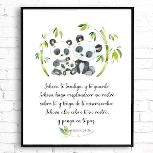 Panda Family Blessing. Printable Wall Art. Spanish Bible Verse. Christian Nursery Decor. Numbers 6:24-26. Sunday School. God Bless you. Baby