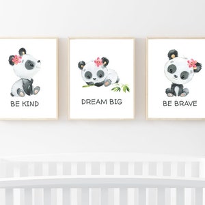 Set of 3 Prints. Panda Girl. Nursery Decor. Wall Art. Watercolor Panda Girl. Digital Download. Be brave, Dream big, Be kind.