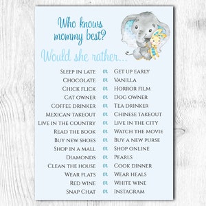 Who knows mommy best. Baby Shower game. Baby shower boy. Elephant boy theme. Printable. Instant Download.