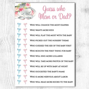 Guess who mom or dad? Baby Shower game. Baby shower girl. Elephant girl theme. Printable. Instant Download.
