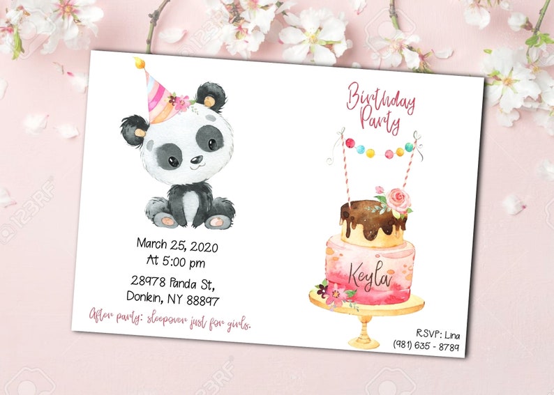 PRINTABLE Birthday Party Invitation Panda Girl With Cake. Easy Etsy
