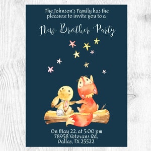 New Brother Party Invitation. Brothers. Fox and bunny. Baby Shower Invitation. Instant Download. Edit and print. Template. Baby Boy.