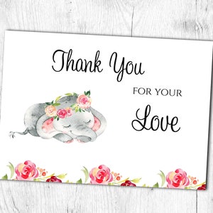 Imprimable. Carte de remerciement. Fille éléphant. Merci pour ton amour. Téléchargement instantané. Conception numérique. Douche de bébé. Aquarelle. Mignon