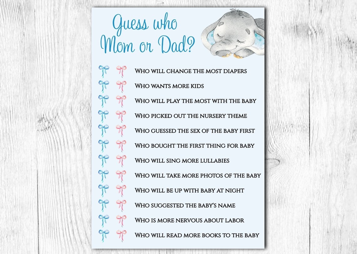 Guess Who Mom or Dad Baby Shower Game. Baby Shower Boy. Elephant Boy ...