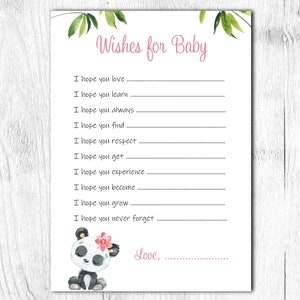 Stampabile. Download istantaneo. Auguri per la bambina Panda. Gioco del baby shower. Bianco e nero. Fiori rosa Foglie verdi