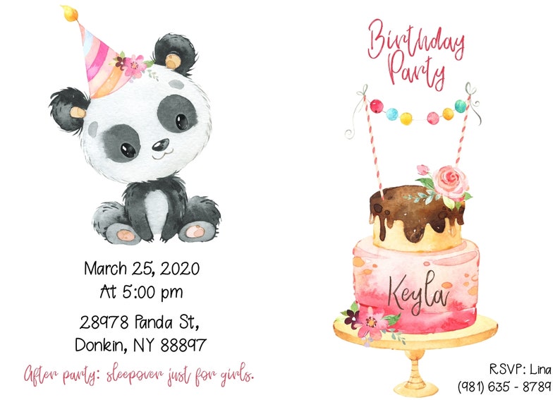 PRINTABLE Birthday Party Invitation Panda Girl With Cake. Easy Etsy