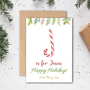 Personalisierte Weihnachtskarte. J ist für Jesus. Christliche Weihnachtskarte. Zuckerstange. Digitale Weihnachtskarte. Bearbeiten und Drucken mit Corjl.