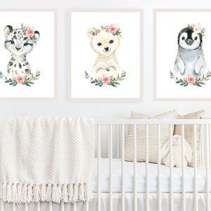 Watercolor Nursery Prints. Set of 3 Arctic Animals. Snow Leopard, Polar Bear, Penguin. Girls Room Decor. Winter Animals Wall Art