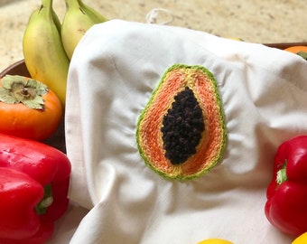 Hand Embroidered Reusable Produce Bag - Papaya