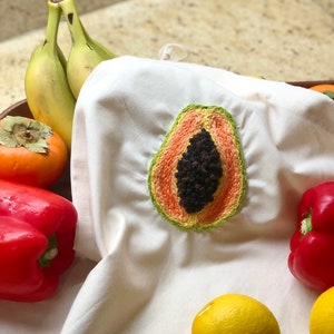 Hand Embroidered Reusable Produce Bag - Papaya