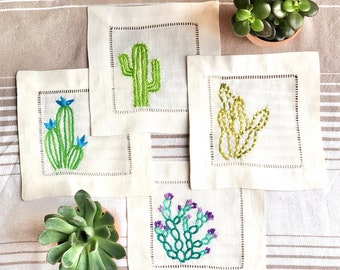 Hand Embroidered Cactus Cocktail Napkins - Ecru