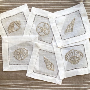 Hand Embroidered Seashell Linen Cocktail Napkins - grey embroidery on white linen hemstitched napkins
