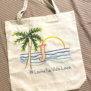 Hand Embroidered Tote Bags with Palm Tree Beach Scene and optional monogram or name