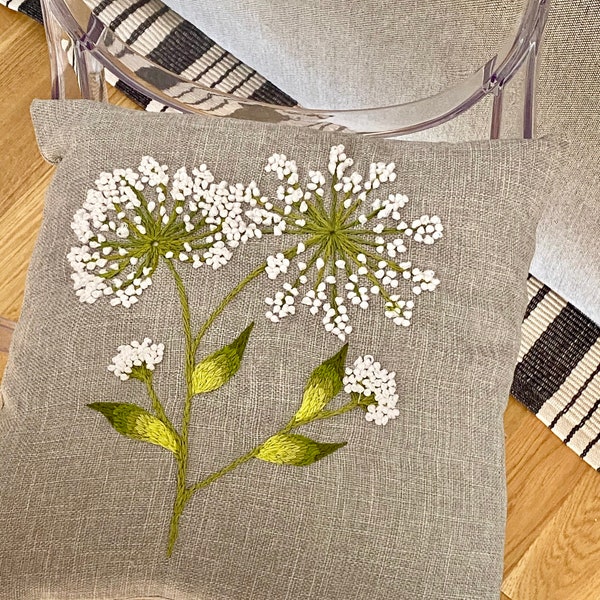 Throw pillow cover with hand embroidered dandelion flowers and leaves