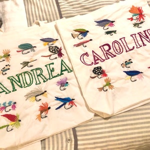 Large fly fishing personalized canvas tote bag with colorful hand embroidered detail