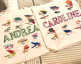 Large fly fishing personalized canvas tote bag with colorful hand embroidered detail