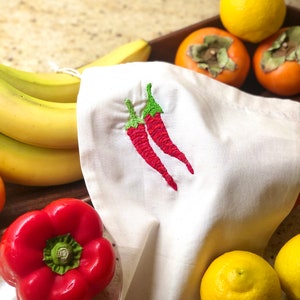 Hand Embroidered Reusable Produce Bag Chili Peppers image 1