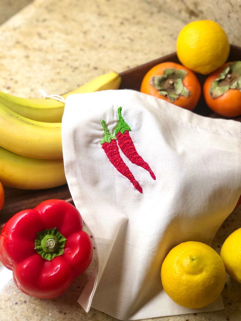 Hand Embroidered Reusable Produce Bag Chili Peppers image 1