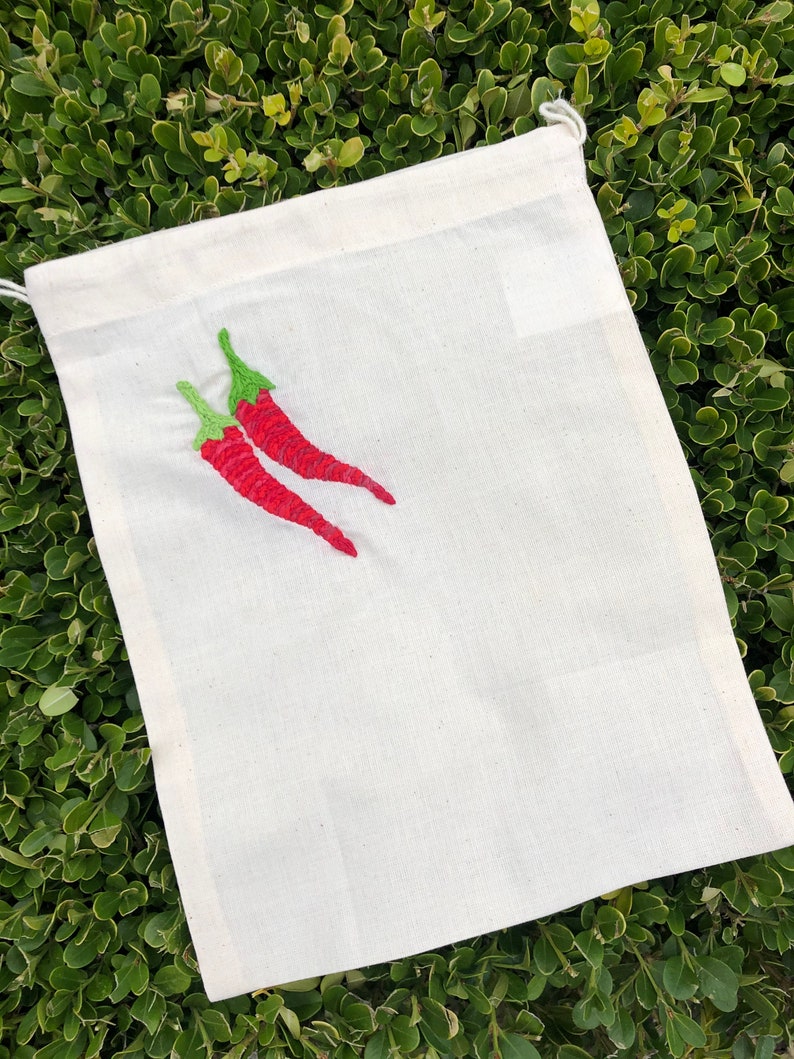 Hand Embroidered Reusable Produce Bag Chili Peppers image 2