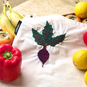 Hand Embroidered Reusable Produce Bag - Beet