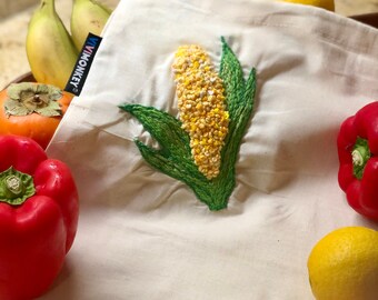 Hand Embroidered Reusable Produce Bag - Corn