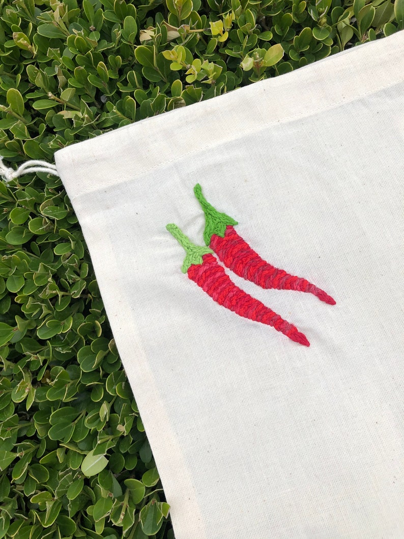 Hand Embroidered Reusable Produce Bag Chili Peppers image 3