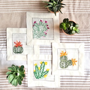 Hand Embroidered Cactus Cocktail Napkins - Ecru