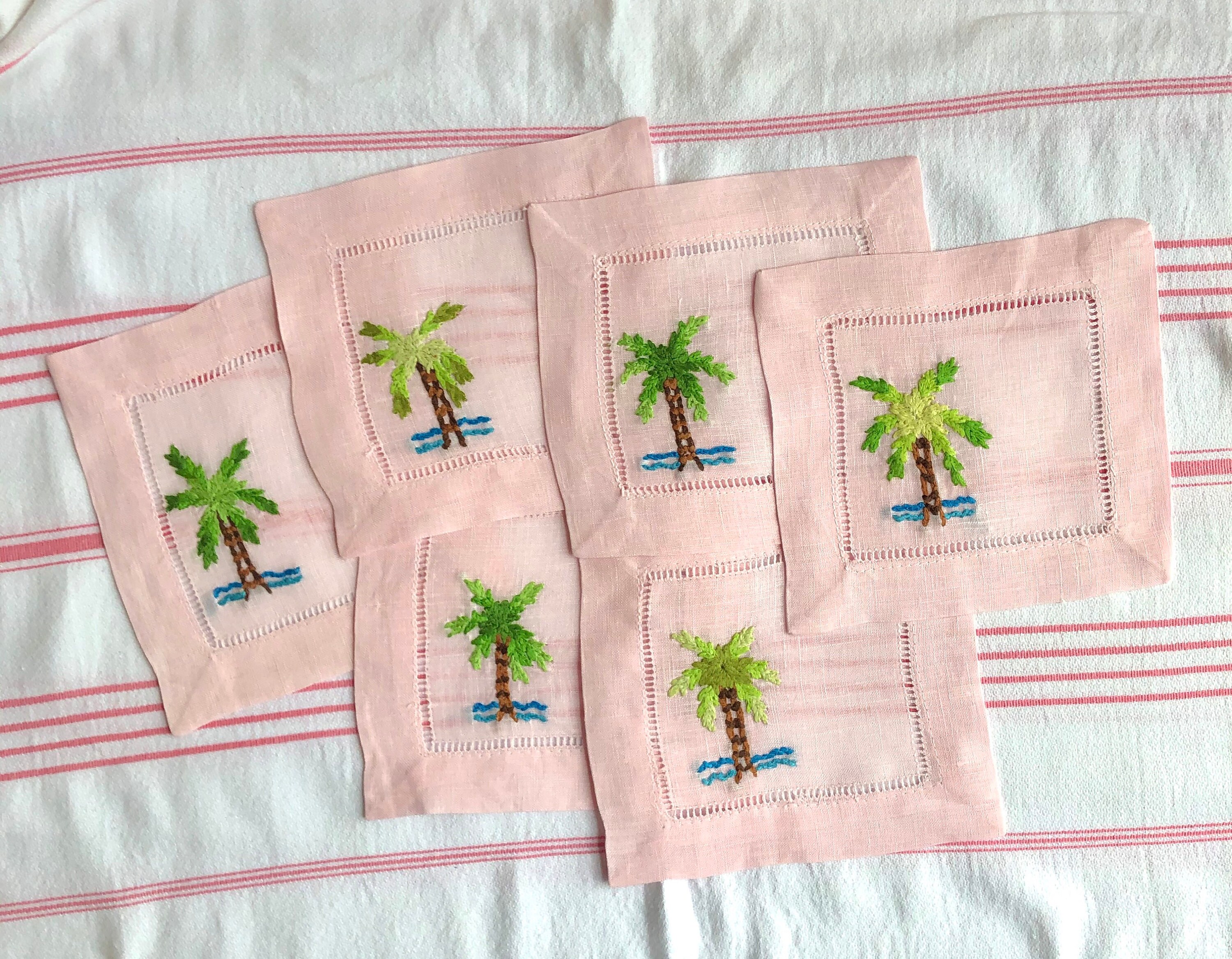 Hand Embroidered Palm Tree Cocktail Napkins Pink Linen Etsy