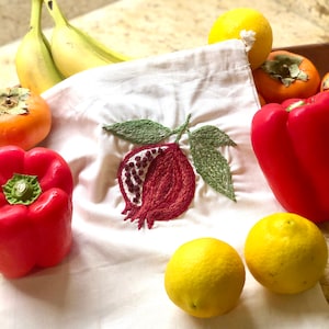 Hand Embroidered Reusable Produce Bag - Pomegranate