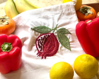 Hand Embroidered Reusable Produce Bag - Pomegranate