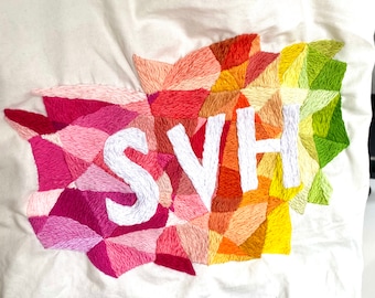Hand Embroidered Geometric Tote Bag: Personalized Ombré Cotton Canvas