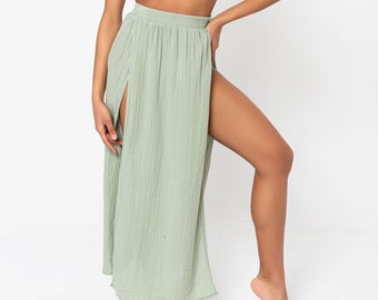 Cotton Soft Summer Skirt -Maxi Goddess Skirt- Long Summer Skirt -Boho Beach Outfit - Double Slit Skirt- Elastic Waist Skirt -Gift for her