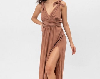 Helen Dress, Long Boho Summer Dress - Cotton Double Slit Dress - Greek Goddess Dress, Wedding Dress, Bridesmaid Dress - Slit Backless Dress