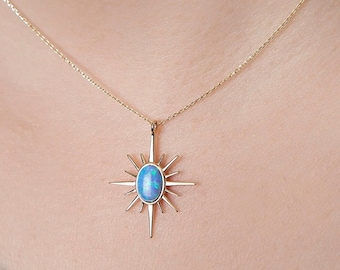Starburst Pendant Necklace in Sterling Silver with Blue Opal, Gold Coated, Opal Star Necklace -Astrology lovers gift-Moms gift - North Star