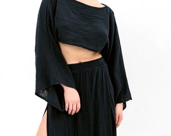 Organic Sustainable Cotton Long Sleeve Crop Top - Cotton Boho Crop Top - Cotton Beach Top - Tulum Beach Top - Beach Boho Outfit