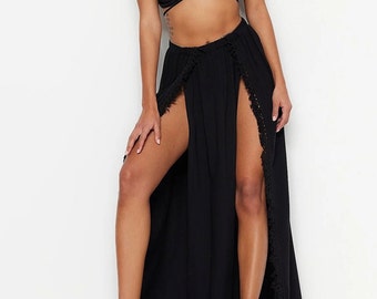 Goddess Skirt - Soft Summer Skirt - Asymmetrical Skirt - Double Slit Skirt - Flamenco Skirt - Black Side Slit Skirt, Summer Beach Maxi Skirt