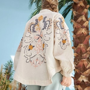 Cotton Vintage Flower Embroidery Jacket - Rave Jacket - Cotton Loose Shirt Kimono, Long-Sleeve Embroidery Shirt- Gift for her - Summer Coat