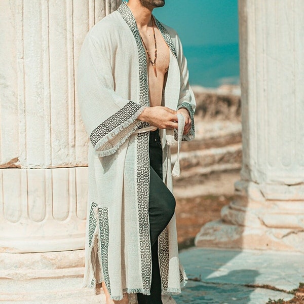 Bohemian Handwoven Kimono For Men, Linen, Cotton Long Sleeve Beach Cover Up, Unisex Clothing, Ethnic Loose Kaftan
