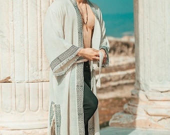 Bohemian Handwoven Kimono For Men, Linen, Cotton Long Sleeve Beach Cover Up, Unisex Clothing, Ethnic Loose Kaftan