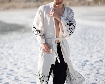 Mens Cloak Kaftan ∆ Mens Festival Outfit ∆ Linen Kimono Cardigan for Men ∆ Meditation Robe ∆ Boho Beach Kimono - Gift for him ∆ Father Gift