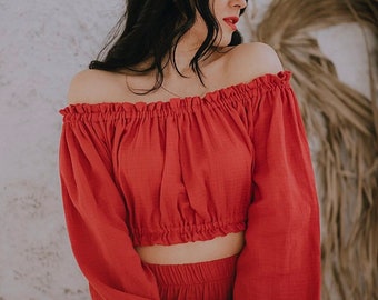 Red Cotton Long Sleeve Summer Crop Top - Cotton Boho Crop Top - Tulum Resort Top - Red Color Beach Off Shoulder Top -  Cotton Beach Top