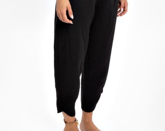 Pantaloni in cotone biologico bianco intrecciato a mano - Pantaloni comodi e leggeri, Pantaloni da yoga stropicciati - Pantaloni larghi in cotone - Pantaloni neri da donna - Regalo spa per lei