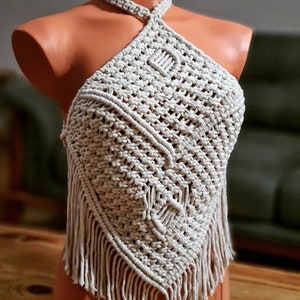 Backless Halter Top, Crochet Festival Top, Cut-out Top, Boho Beige