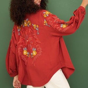 Vintage Flower Embroidery Jacket - Festival Jacket - Cotton Loose Shirt, Long-Sleeve Embroidery Shirt - Shirt for Mom - Moms Gift