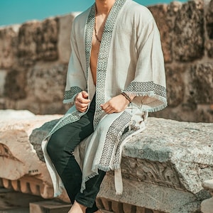 Kimono bohemio tejido a mano para hombre, de lino y algodón, de manga larga, unisex, estilo étnico, regalo para papá y Día del Padre.