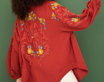 Vintage Flower Embroidery Jacket - Festival Jacket - Cotton Loose Shirt, Long-Sleeve Embroidery Shirt - Shirt for Mom - Moms Gift