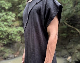 Camisa preta de algodão masculina, camiseta feita à mão, camiseta preta - Camisa masculina boho - Roupas de festival - Camisa de algodão estilo fogo - Camiseta solta casual boho