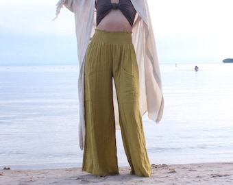 Hand Woven Green Organic Cotton Pants - Lightweight Boho Pants, Palazzo Pants -Eco Yoga Pants - Hippie Pants - Loose Wide Legs Women's Pants