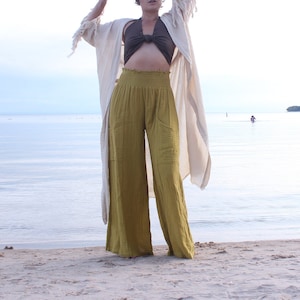 Hand Woven Green Organic Cotton Pants - Lightweight Boho Pants, Palazzo Pants -Eco Yoga Pants - Hippie Pants - Loose Wide Legs Women&#39;s Pants