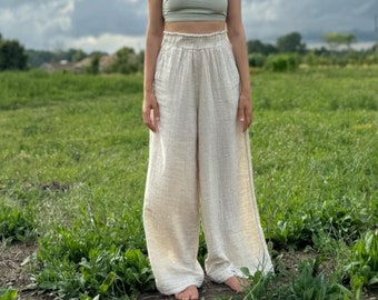 Winter Hanf Weiße Bio-Baumwolle Hose - Leichte bequeme Hose, Palazzohose - Öko-Hose - Lockere Baumwollhose - Damenhose mit weitem Bein